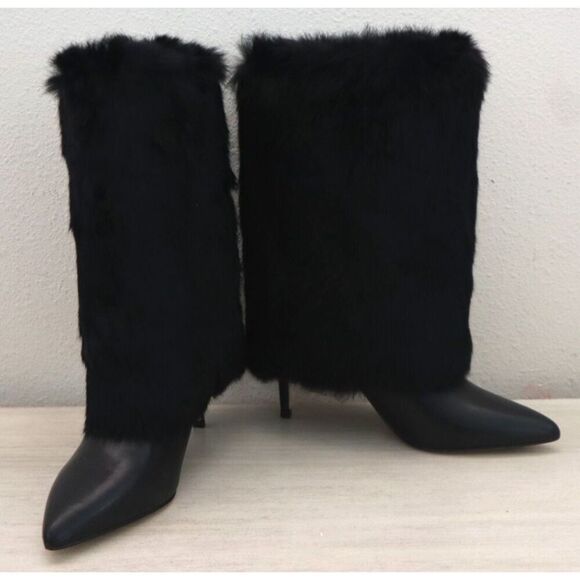 Charles David Women Sz 7.5M Black Vandal Rabbit Fur/Leather Heeled Booties - Picture 2 of 11